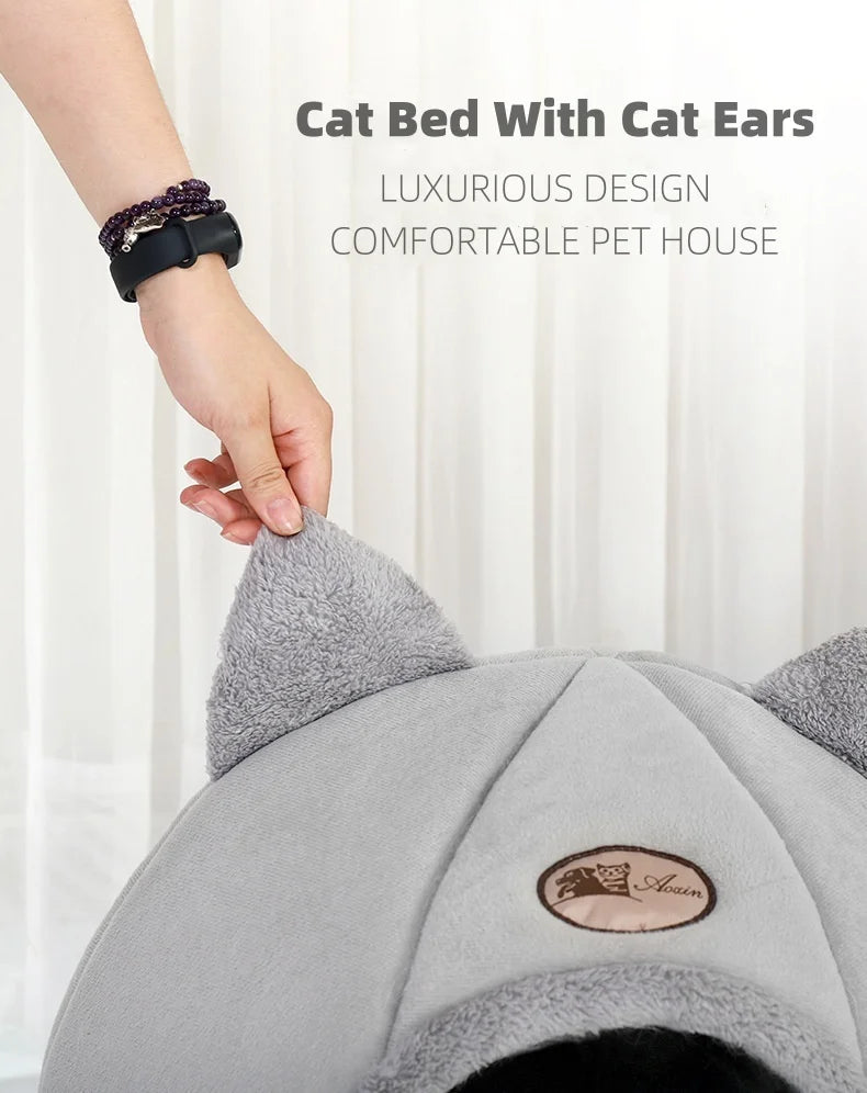 Cat Ears Hooded Pet Bed - Warm Plush Cave for Small to Large Cats