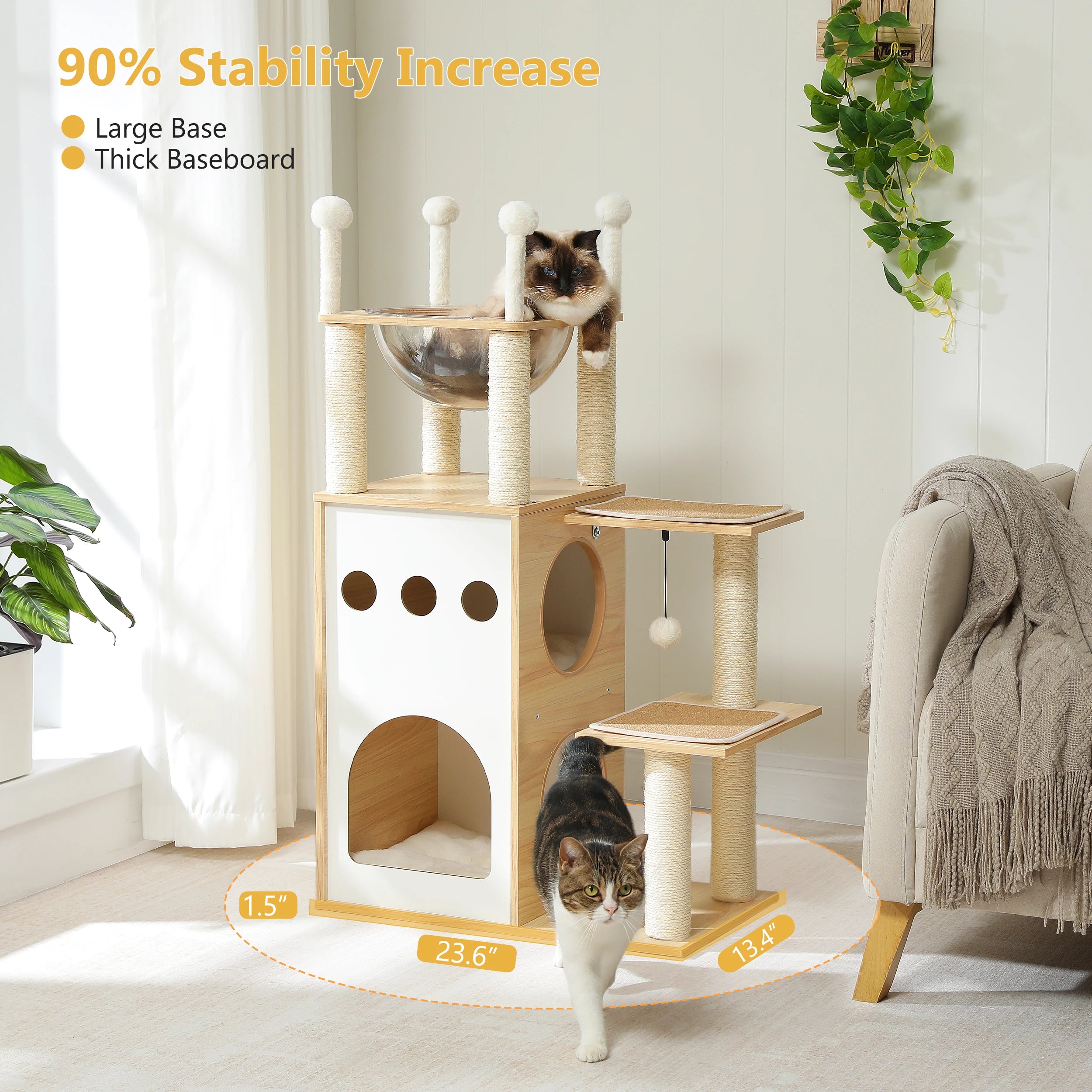 Modern Wooden Cat Tree with Capsule Nest and 2-Floor Condo