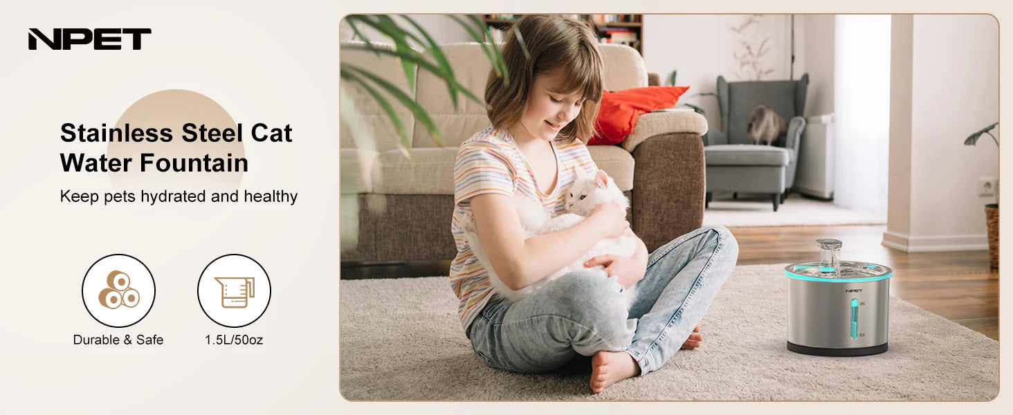 Stainless Steel Cat Water Fountain - 1.5L with LED Window and Dishwasher Safe Design