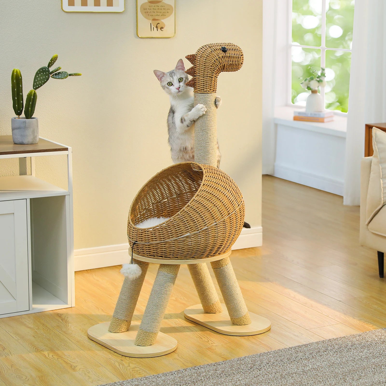 Dinosaur Cat Tree Tower - Rattan Wicker Condo with Sisal Posts
