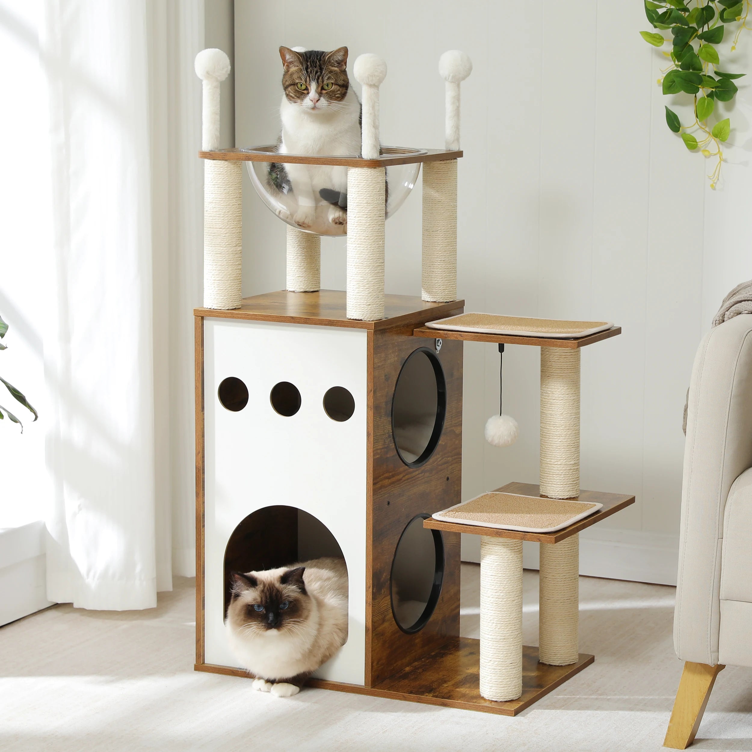Modern Wooden Cat Tree with Capsule Nest and 2-Floor Condo