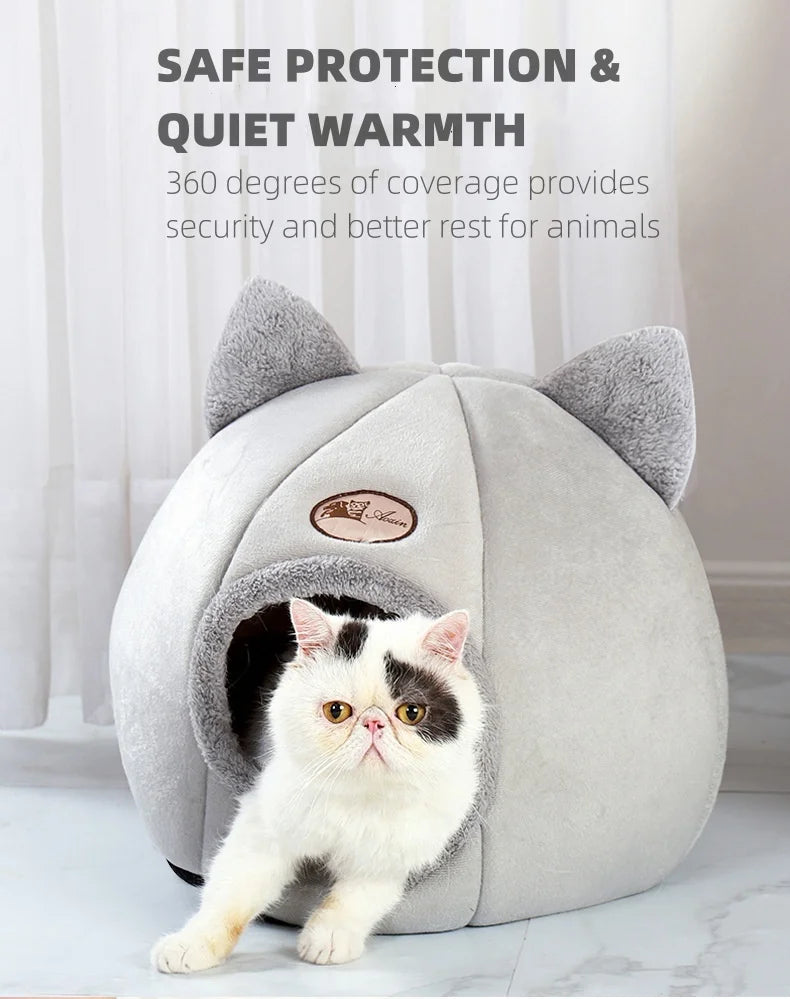 Cat Ears Hooded Pet Bed - Warm Plush Cave for Small to Large Cats