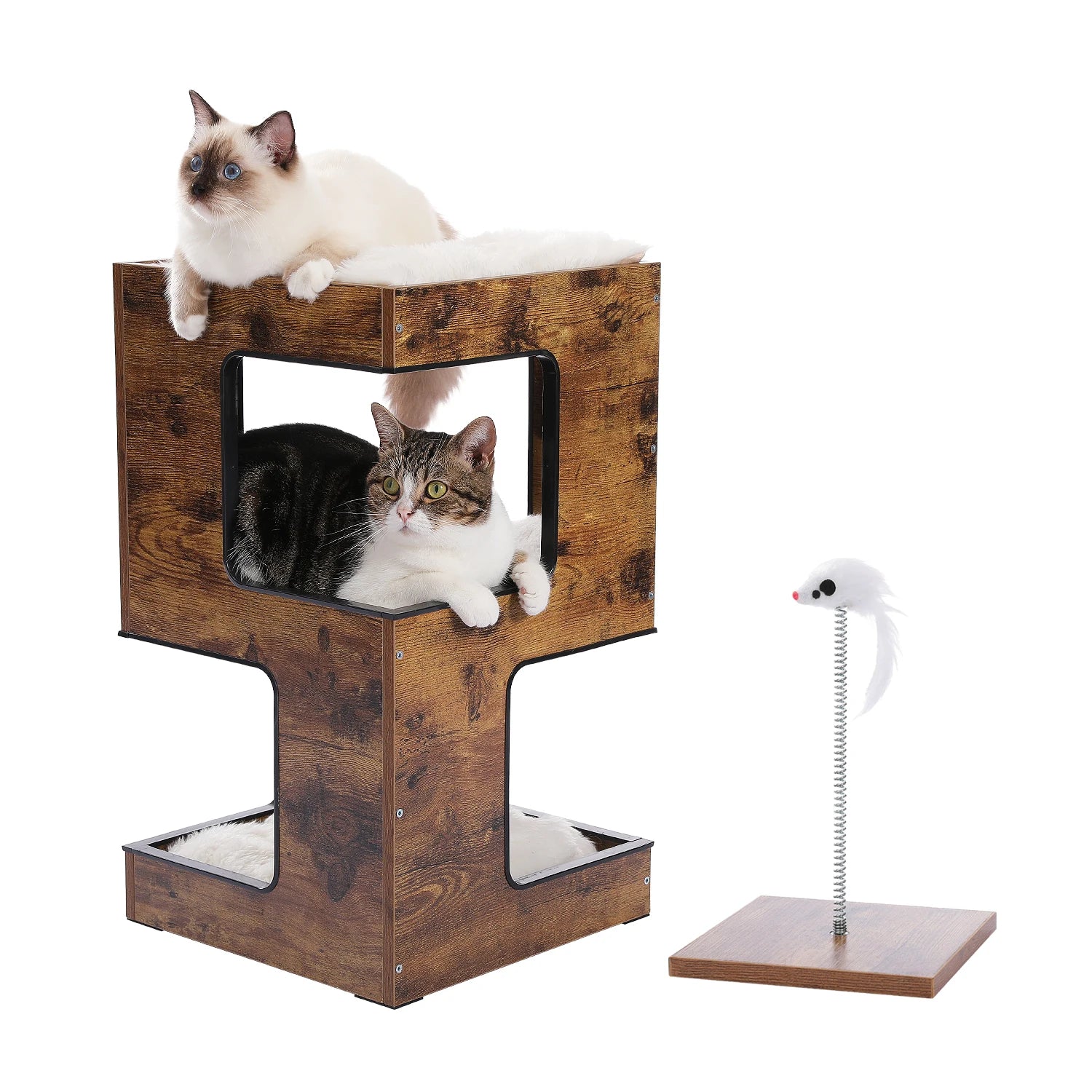 Modern 3-Level Cat Tree with Scratching Pads and Removable Cushion