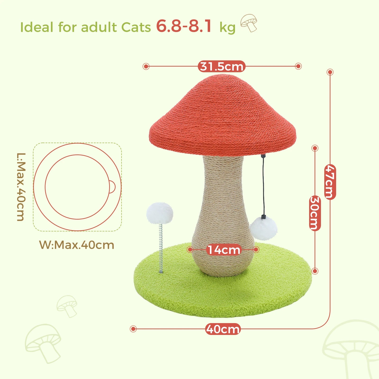 Mushroom Cat Scratching Post with Sisal and Pompom Toys