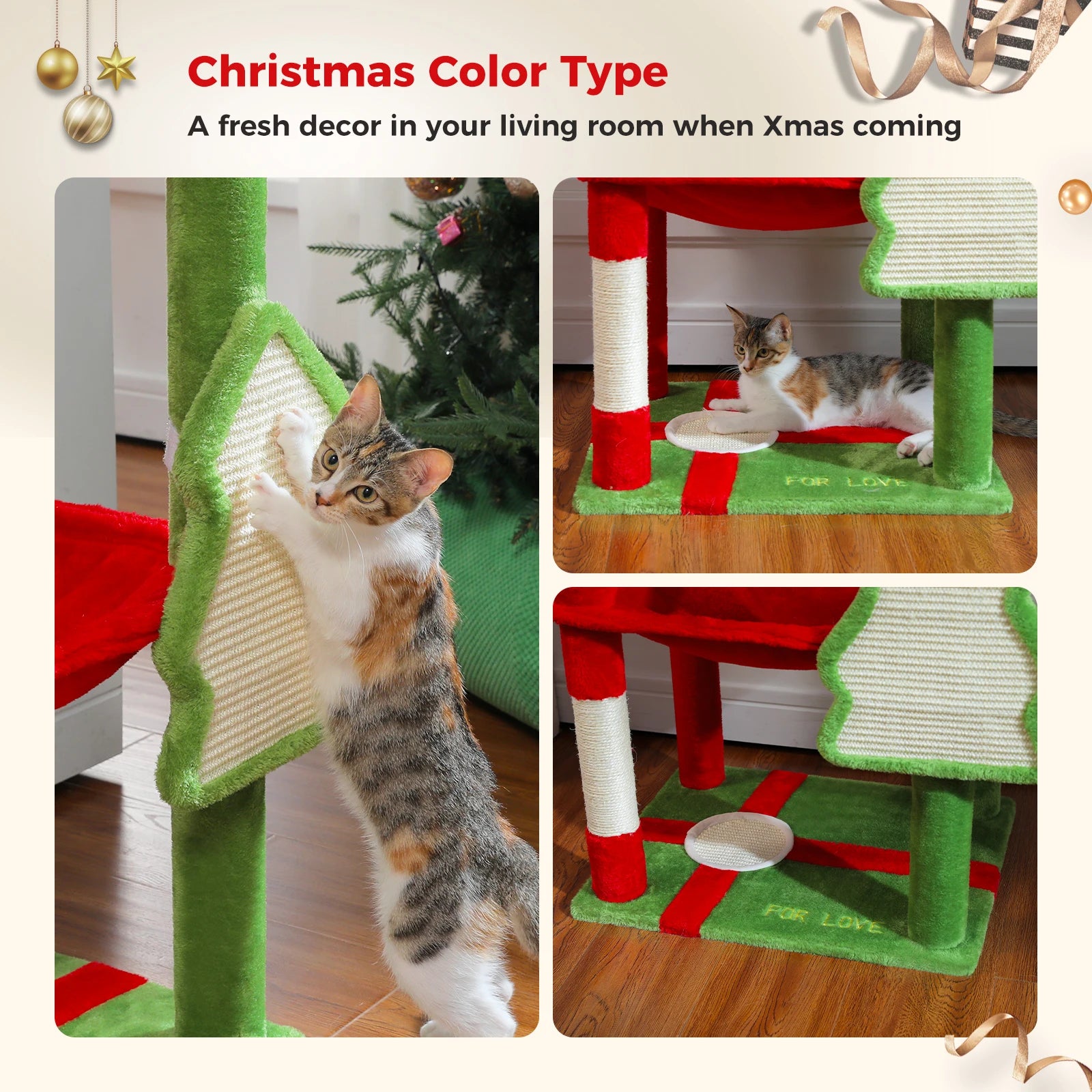 72 inch Christmas Cat Tree Tower - Large Multi-Level Condo with Sisal Posts