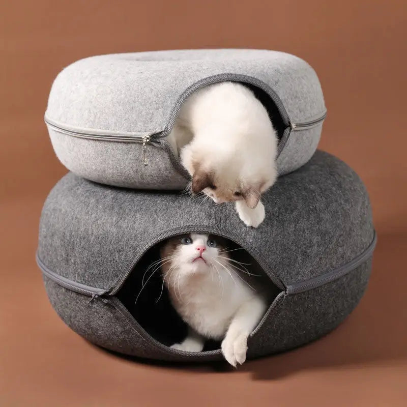 Donut Cat Bed with Interactive Tunnel - Felt Play and Sleep Hideaway