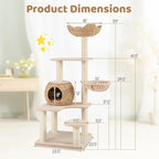59 inch Natural Cattail Cat Tree Tower with Sisal Posts and Multi-Level Perches
