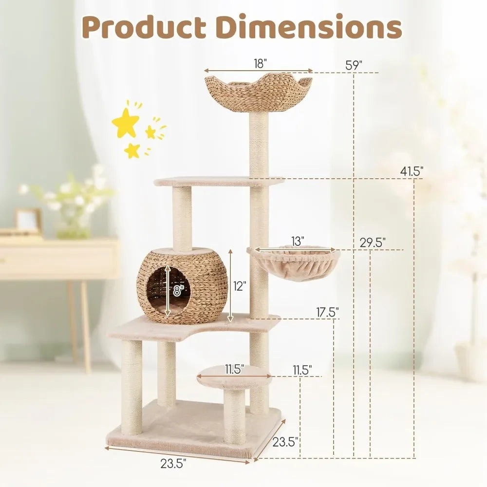 59 inch Natural Cattail Cat Tree Tower with Sisal Posts and Multi-Level Perches