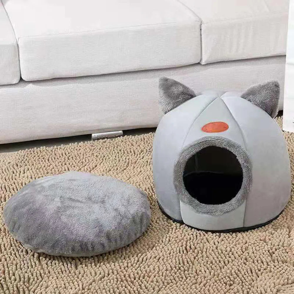 Cat Ears Hooded Pet Bed - Warm Plush Cave for Small to Large Cats
