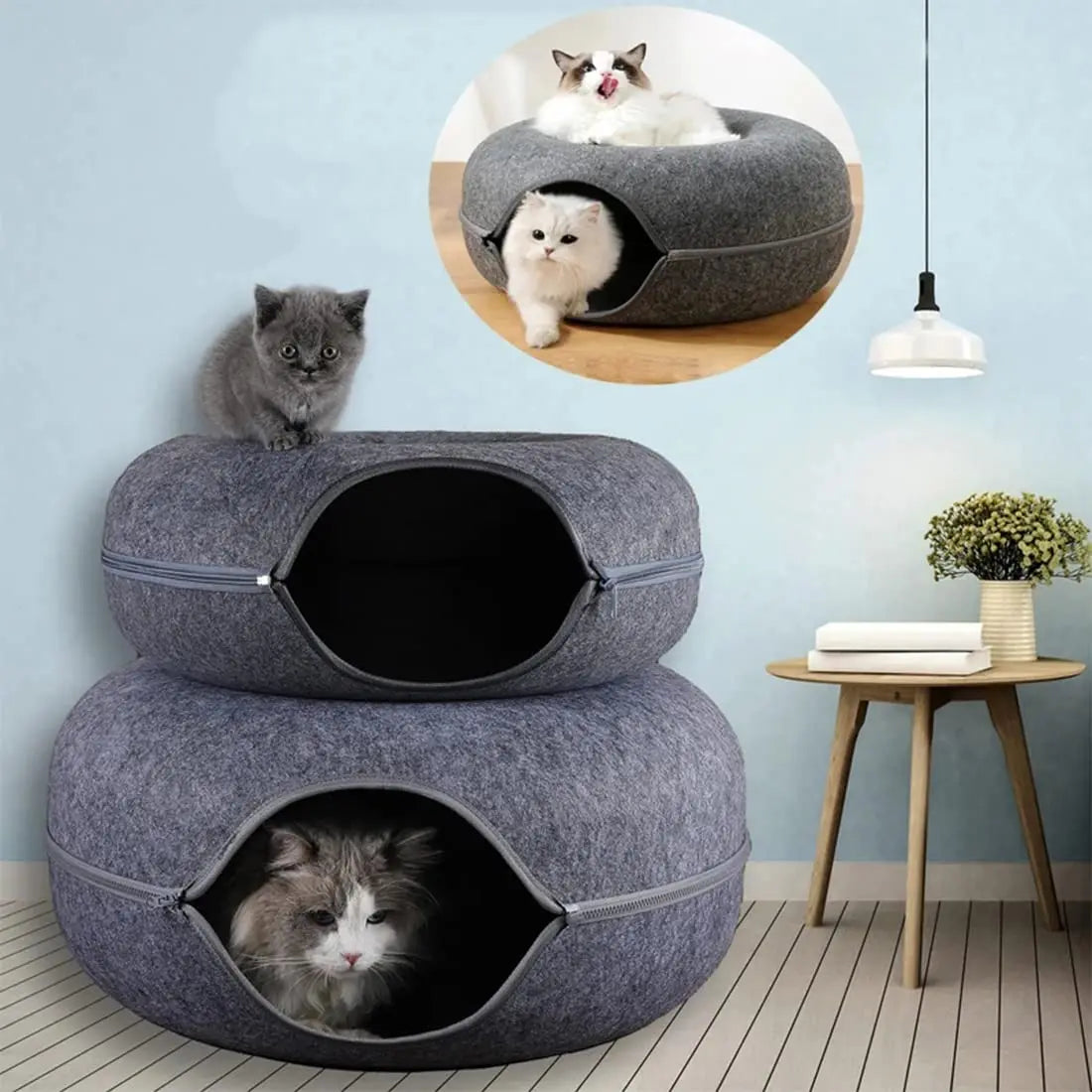 Donut Cat Bed with Interactive Tunnel - Felt Play and Sleep Hideaway