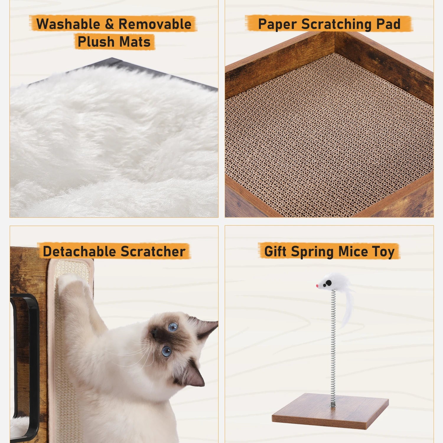 Modern 3-Level Cat Tree with Scratching Pads and Removable Cushion