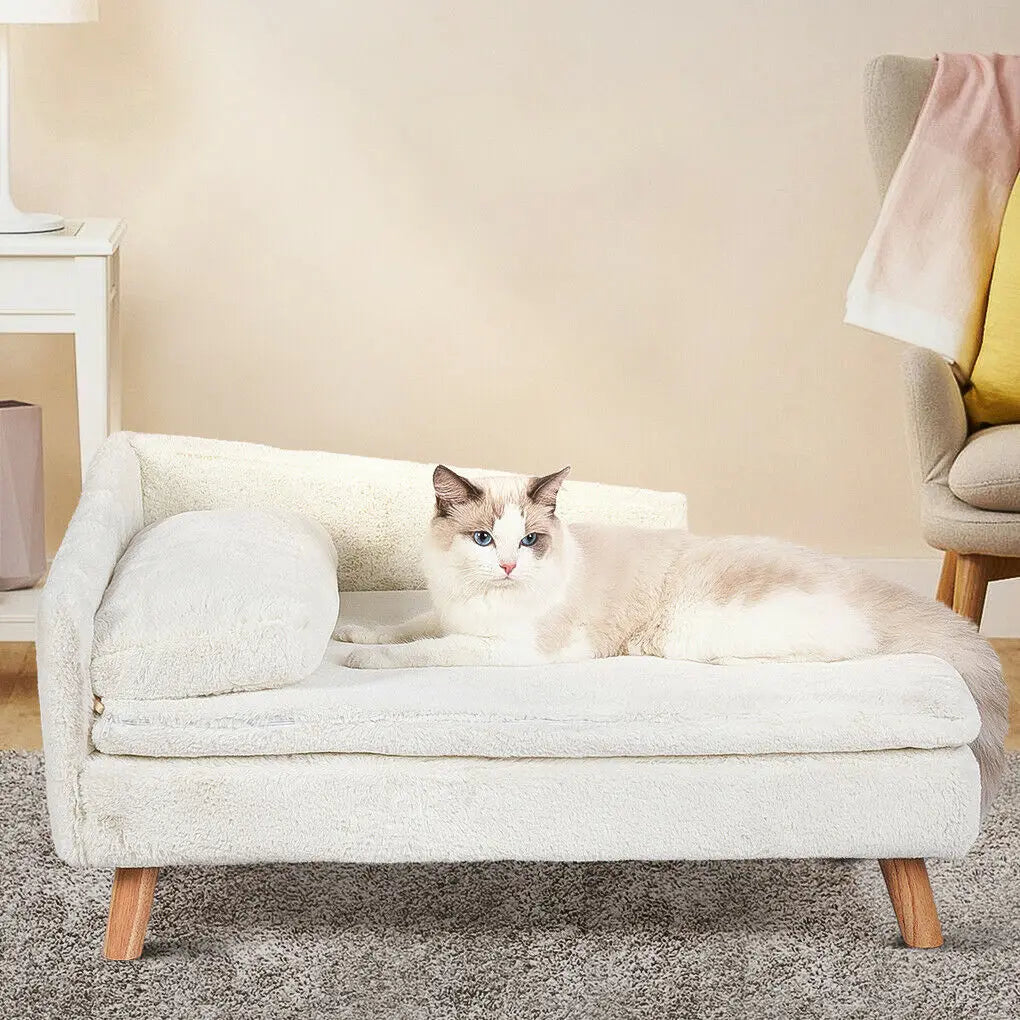 Elevated L-Shape Pet Sofa with Solid Wood Legs - Plush Cushion Bed for Cats and Small Dogs