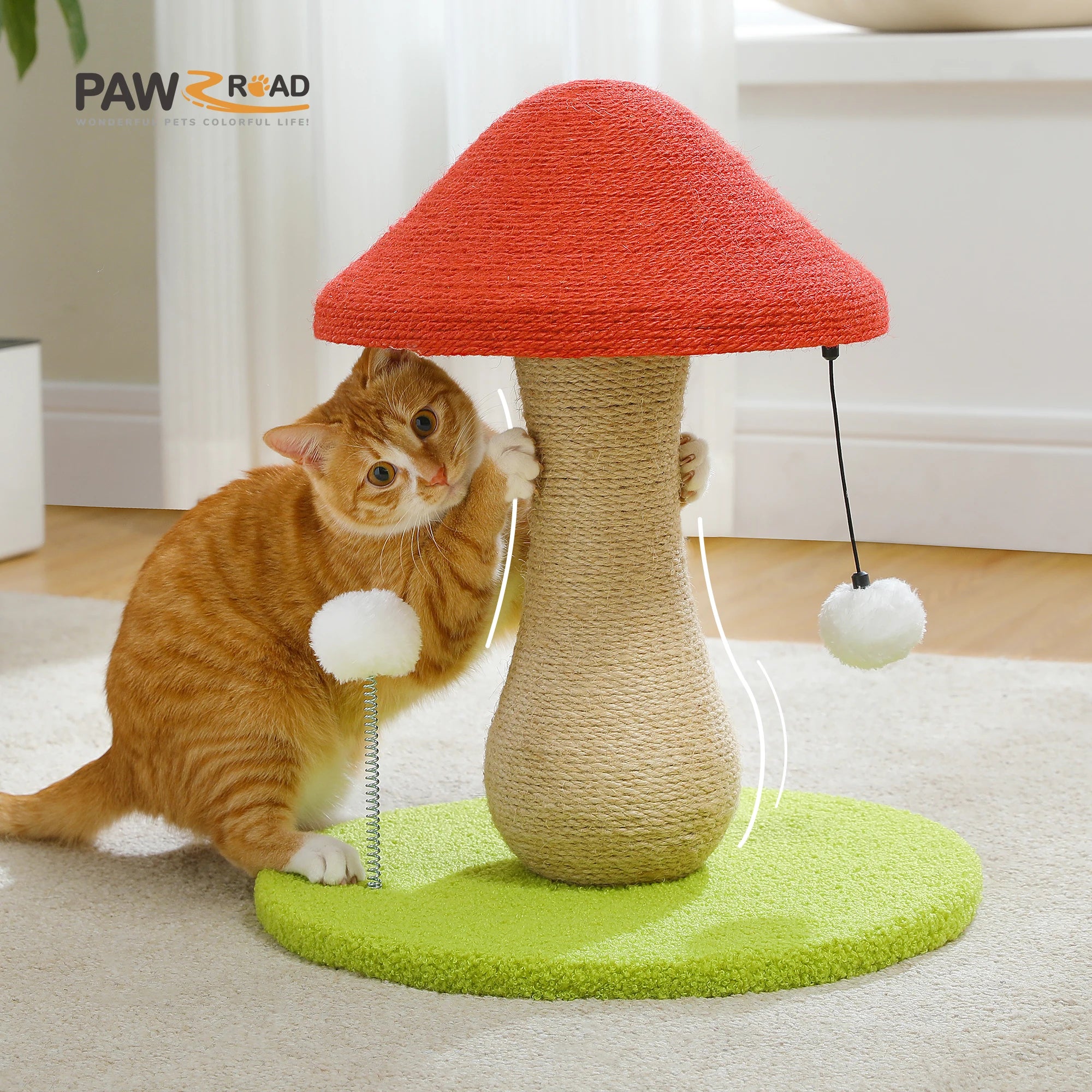 Mushroom Cat Scratching Post with Sisal and Pompom Toys