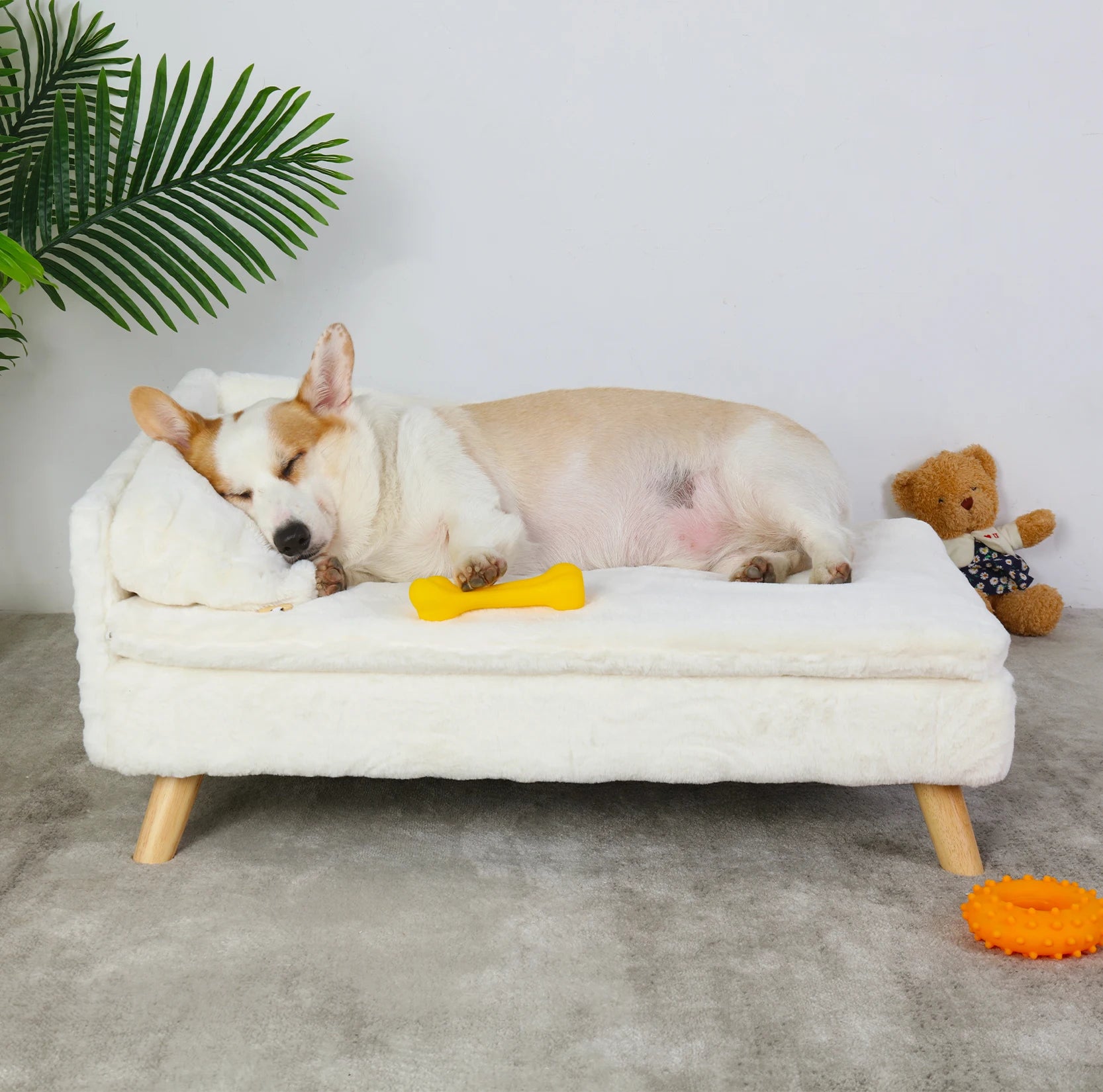 Elevated L-Shape Pet Sofa with Solid Wood Legs - Plush Cushion Bed for Cats and Small Dogs