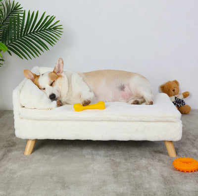 Elevated L-Shape Pet Sofa with Solid Wood Legs - Plush Cushion Bed for Cats and Small Dogs