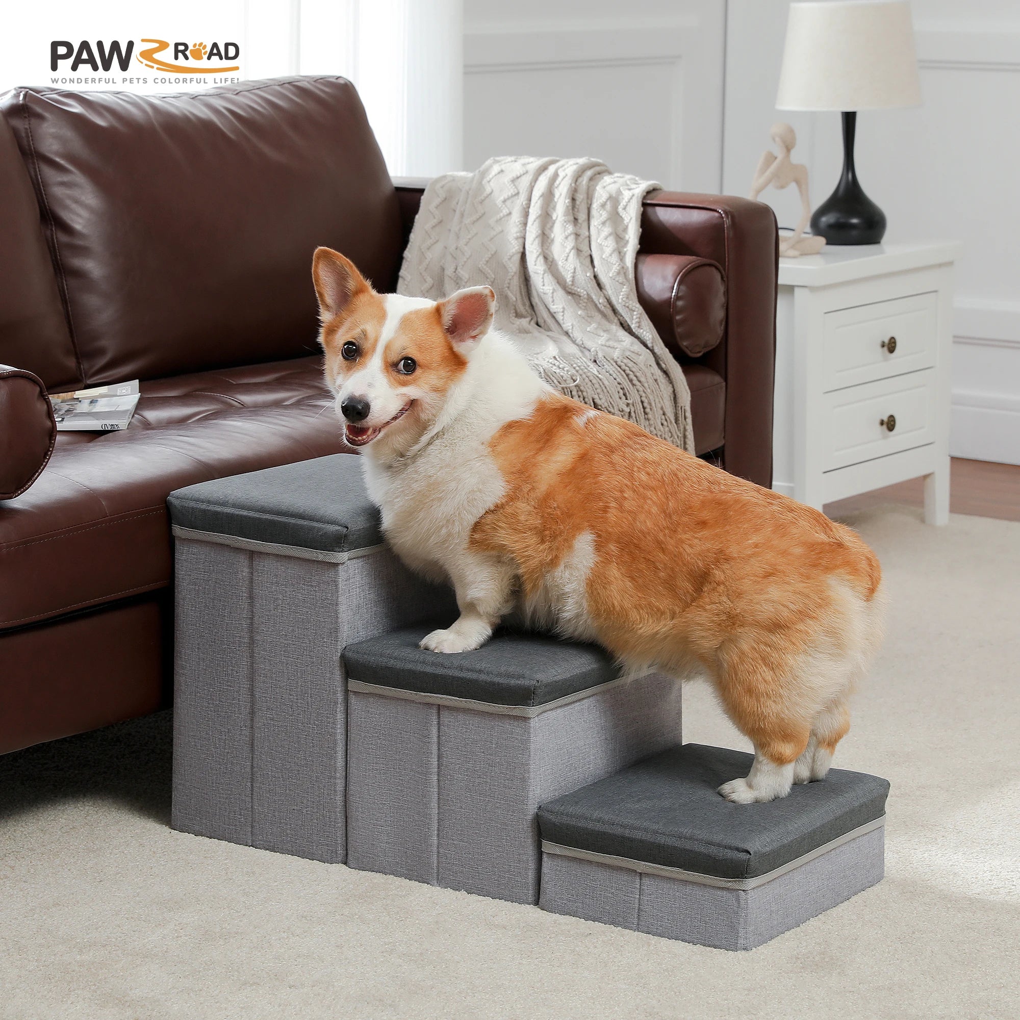3-Tier Foldable Pet Stairs with Storage - Non-Slip Steps for Small Dogs and Cats