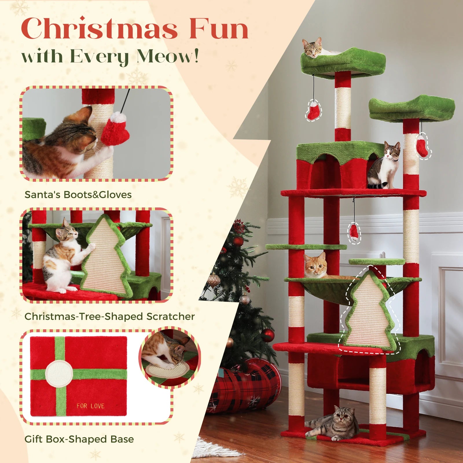 72 inch Christmas Cat Tree Tower - Large Multi-Level Condo with Sisal Posts