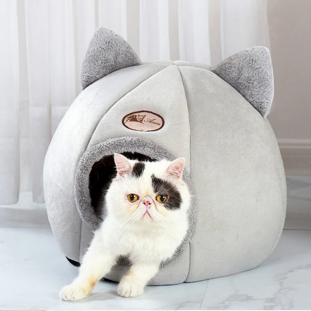 Cat Ears Hooded Pet Bed - Warm Plush Cave for Small to Large Cats