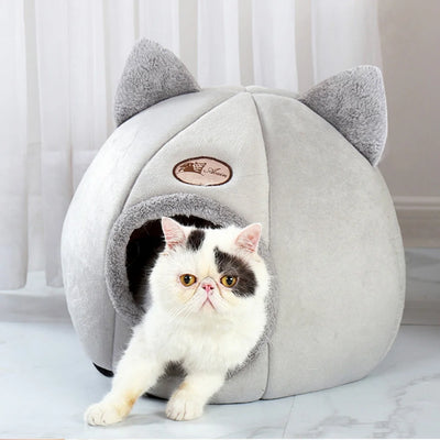 Cat Ears Hooded Pet Bed - Warm Plush Cave for Small to Large Cats