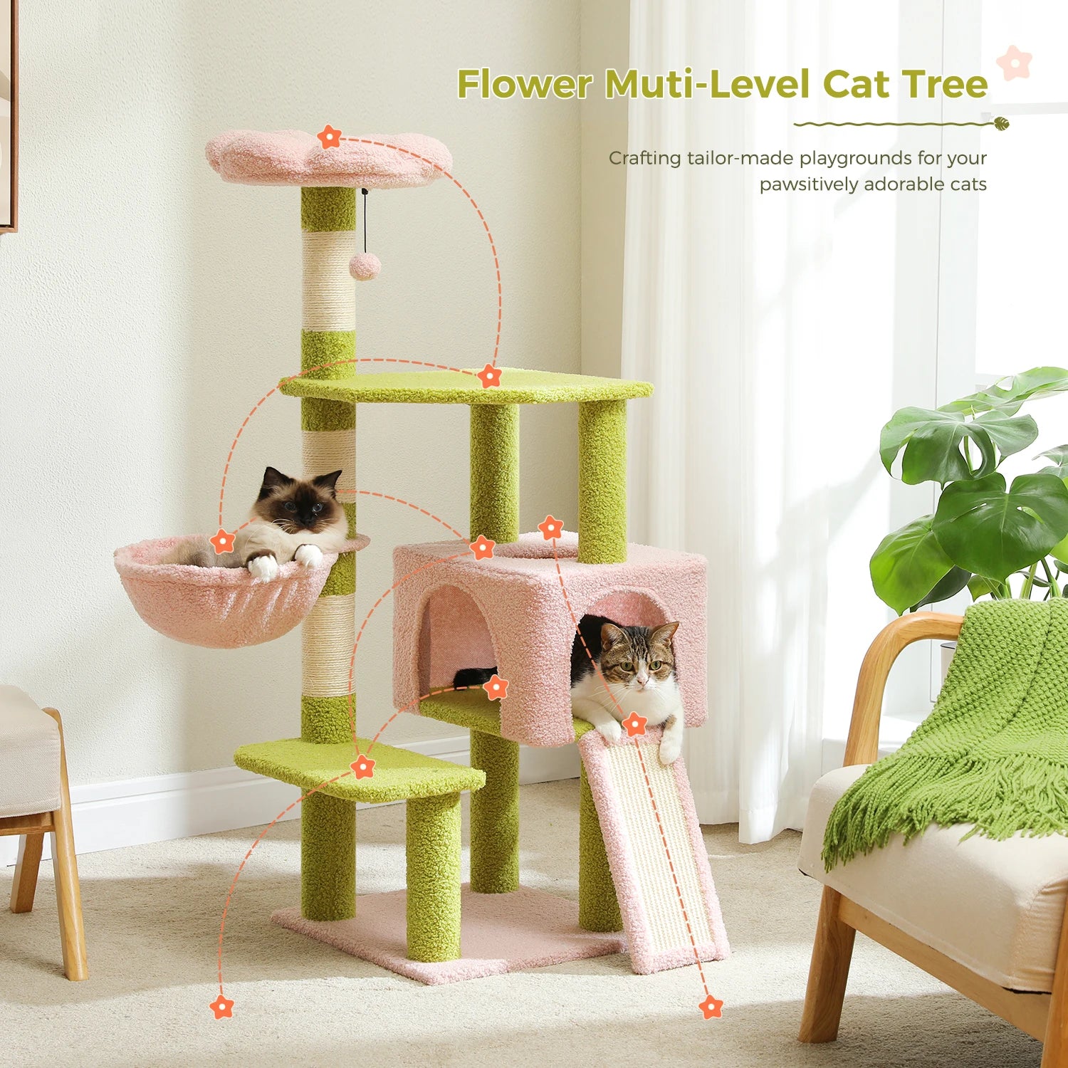 Flower Cat Tree - 5-Level Tower with Sisal Posts and Hammock