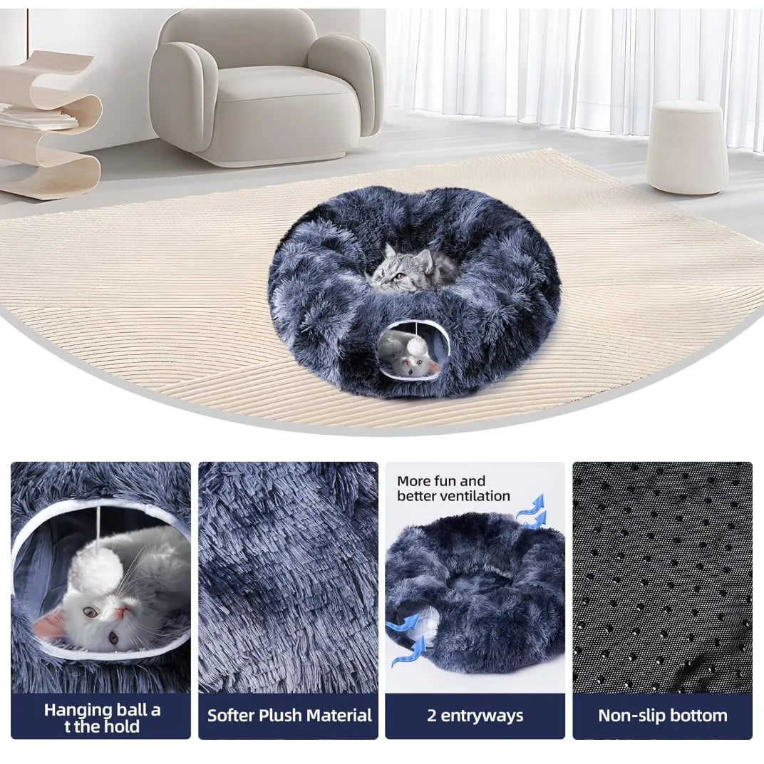 Plush Cat Tunnel Bed - 2-in-1 Play and Sleep Design