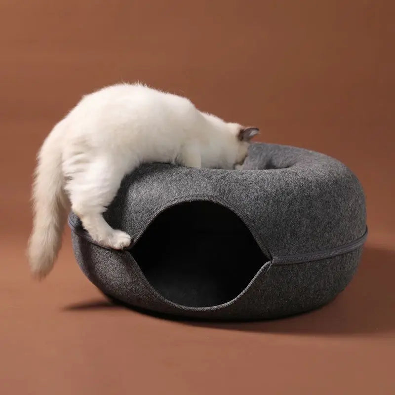 Donut Cat Bed with Interactive Tunnel - Felt Play and Sleep Hideaway