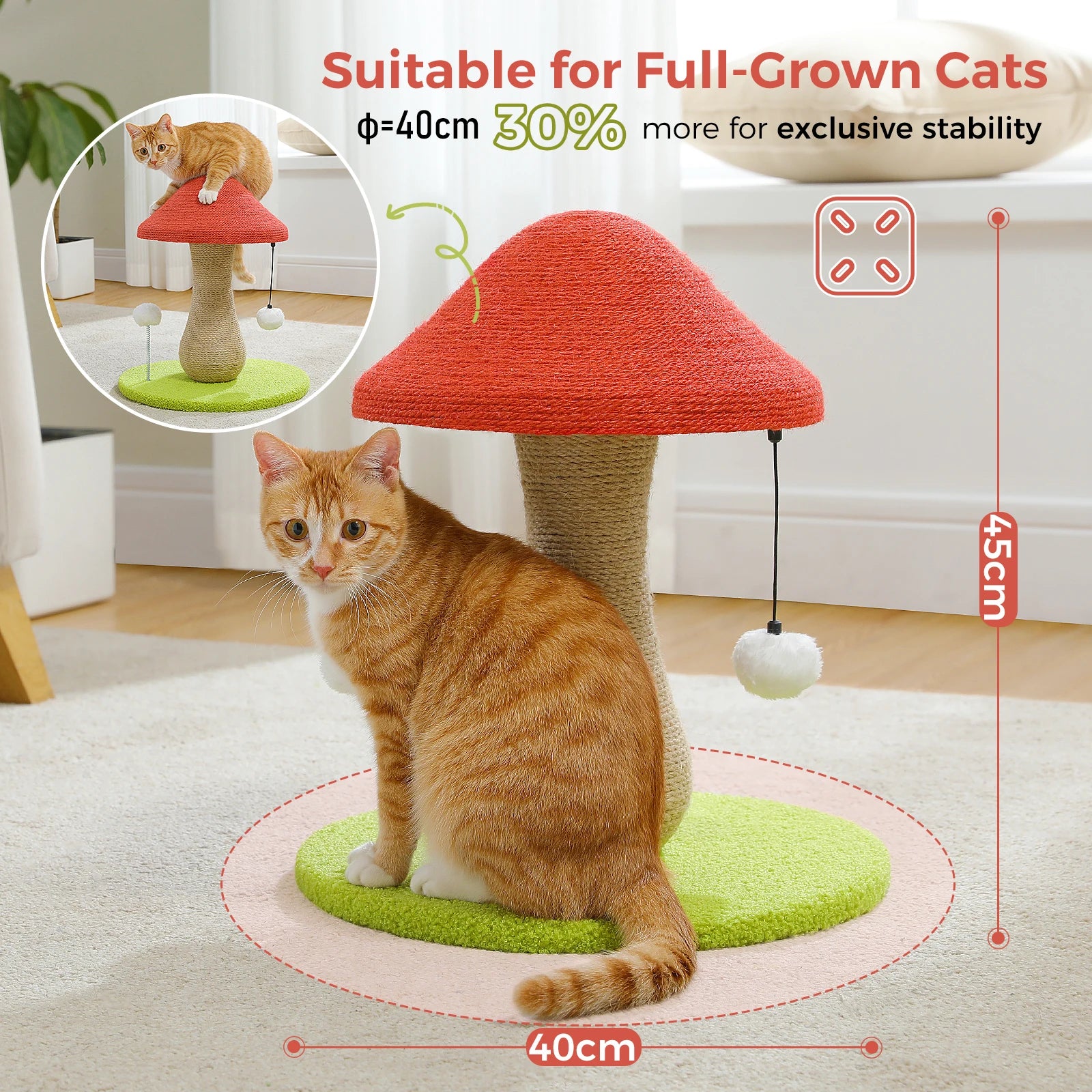 Mushroom Cat Scratching Post with Sisal and Pompom Toys