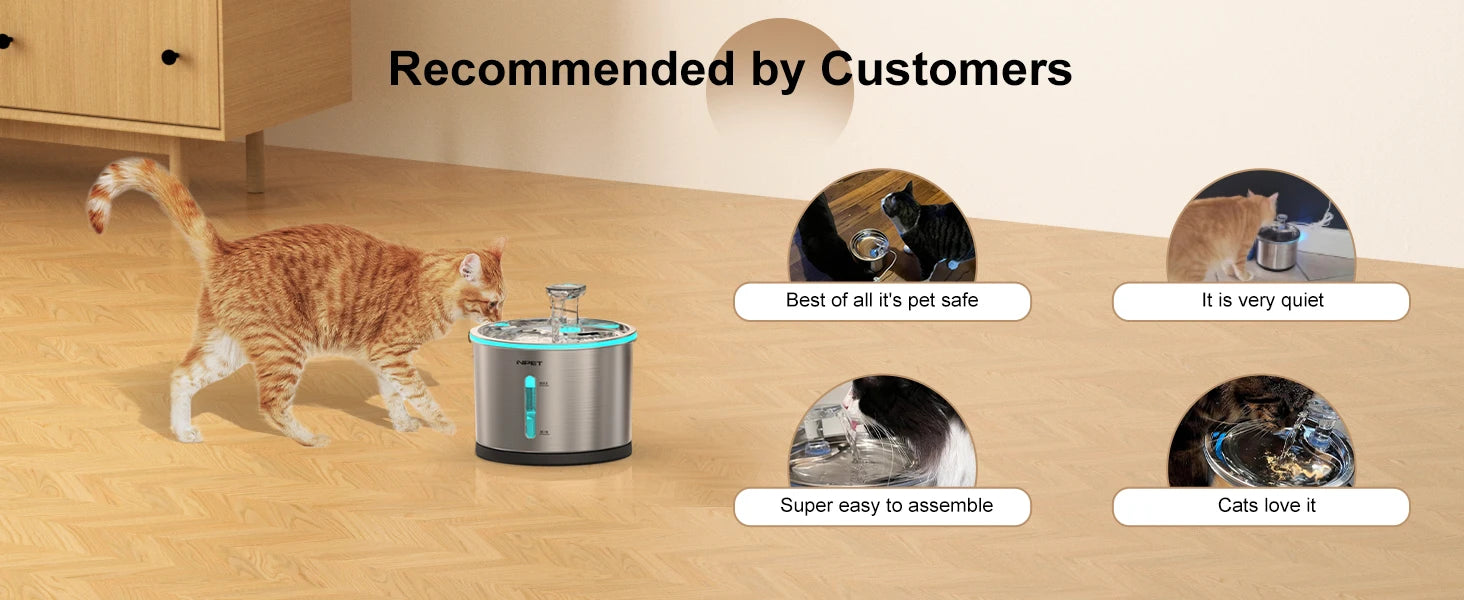 Stainless Steel Cat Water Fountain - 1.5L with LED Window and Dishwasher Safe Design