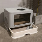 Foldable Cat Litter Box with Front Entry and Top Exit - Includes Massager and Scoop