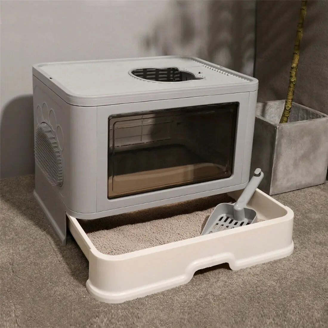 Foldable Cat Litter Box with Front Entry and Top Exit - Includes Massager and Scoop