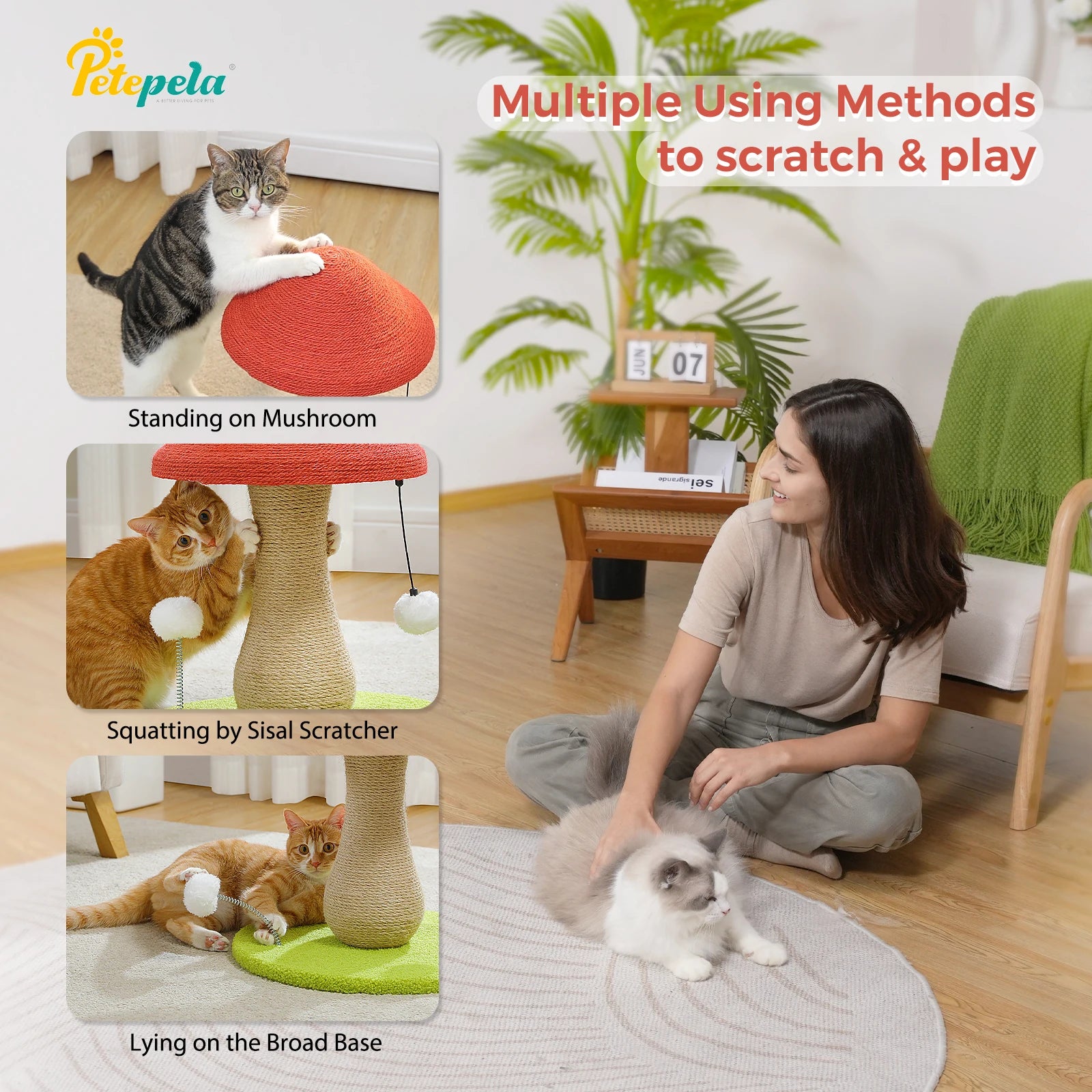 Mushroom Cat Scratching Post with Sisal and Pompom Toys