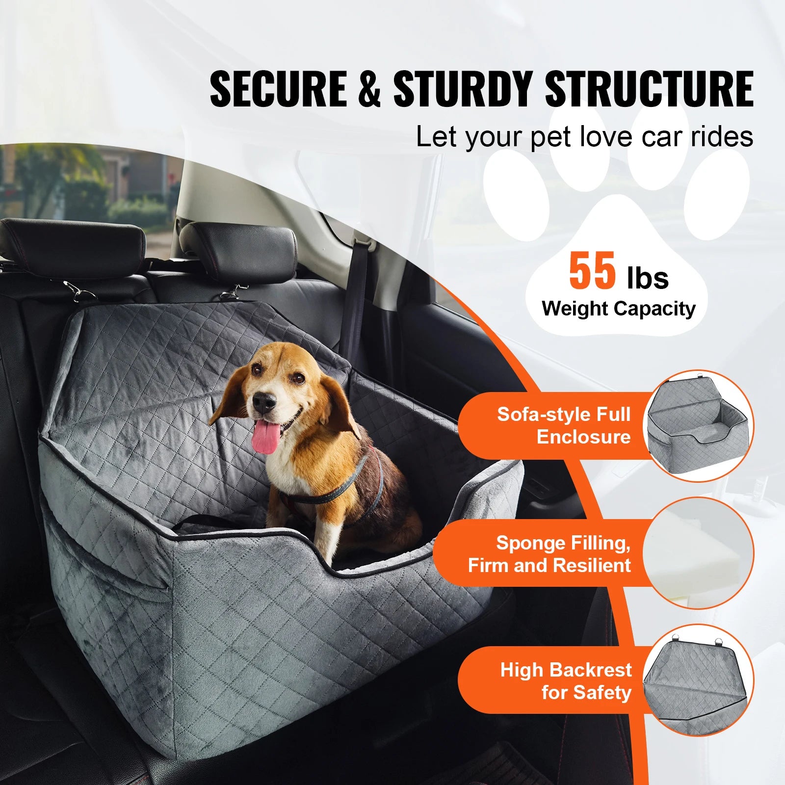 Dog Car Booster Seat - Sofa-Style Travel Bed for Medium to Large Dogs up to 55 lbs