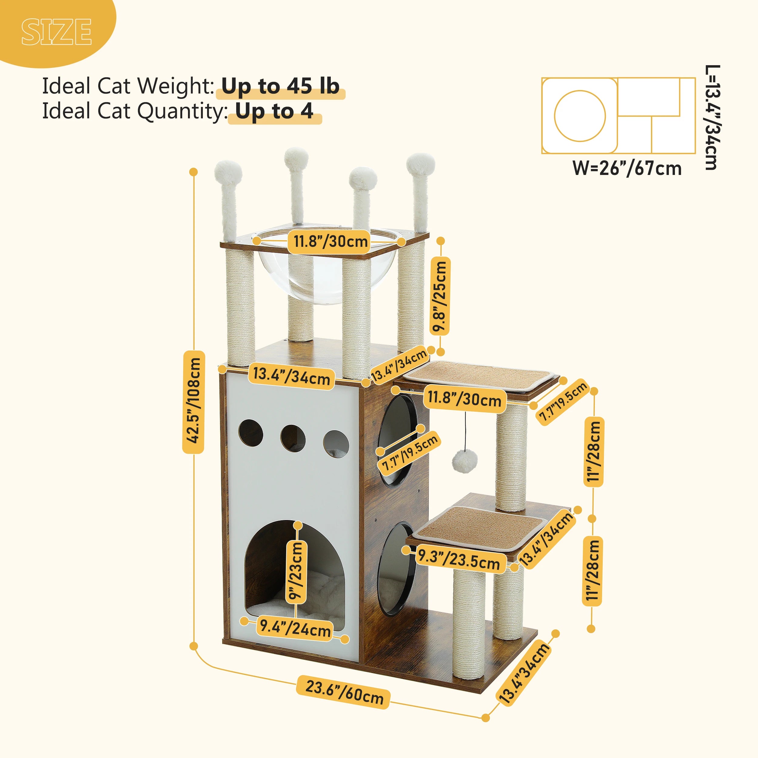 Modern Wooden Cat Tree with Capsule Nest and 2-Floor Condo