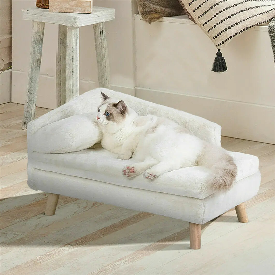 Elevated L-Shape Pet Sofa with Solid Wood Legs - Plush Cushion Bed for Cats and Small Dogs