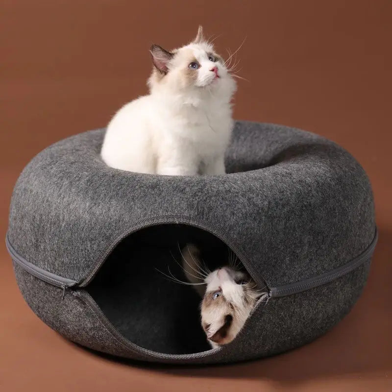 Donut Cat Bed with Interactive Tunnel - Felt Play and Sleep Hideaway