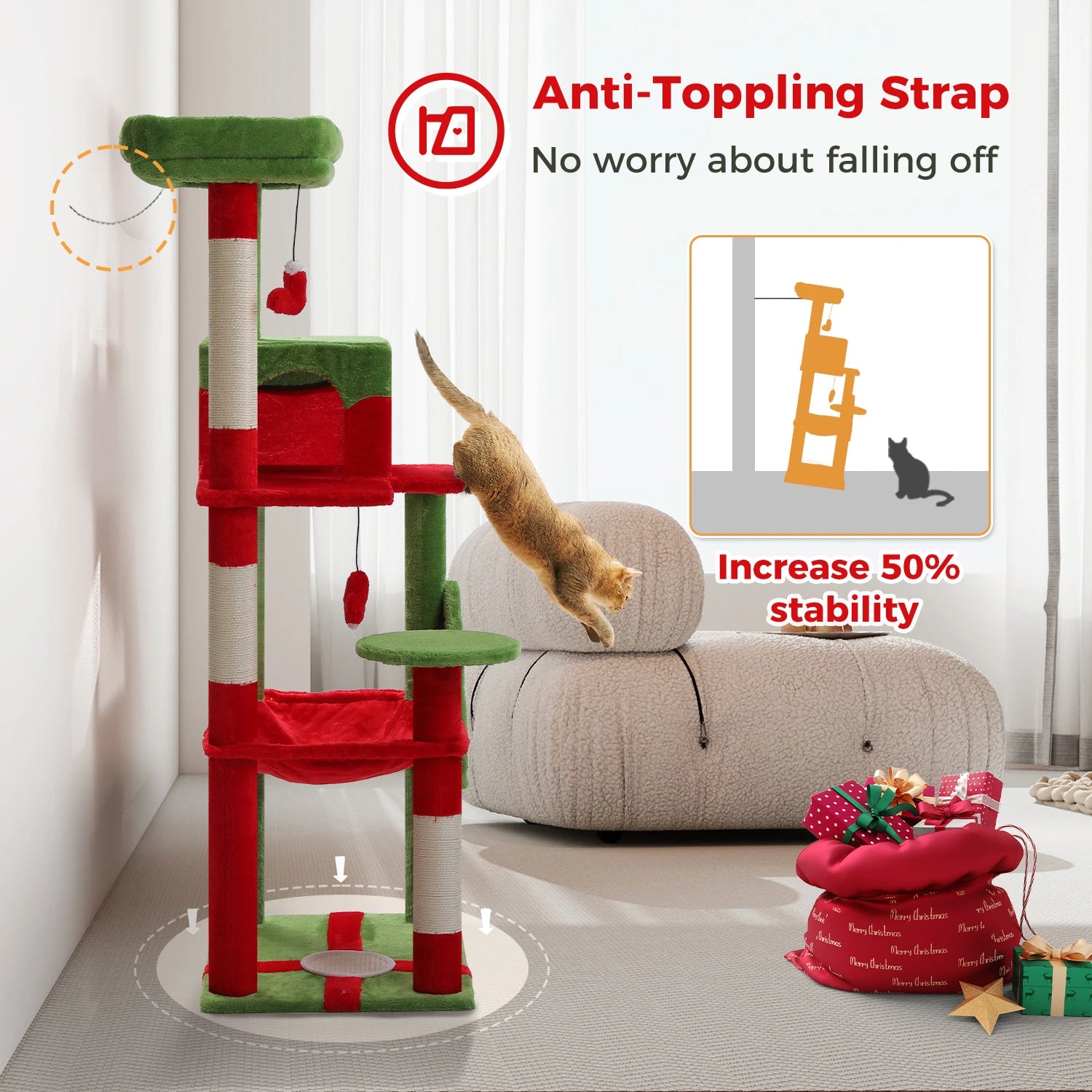 72 inch Christmas Cat Tree Tower - Large Multi-Level Condo with Sisal Posts