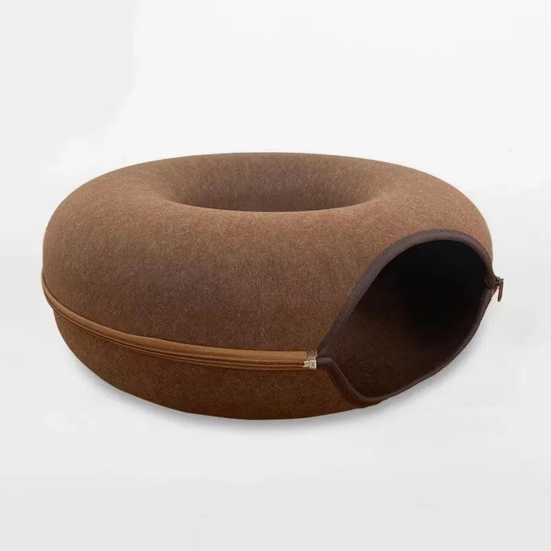 Donut Cat Bed with Interactive Tunnel - Felt Play and Sleep Hideaway