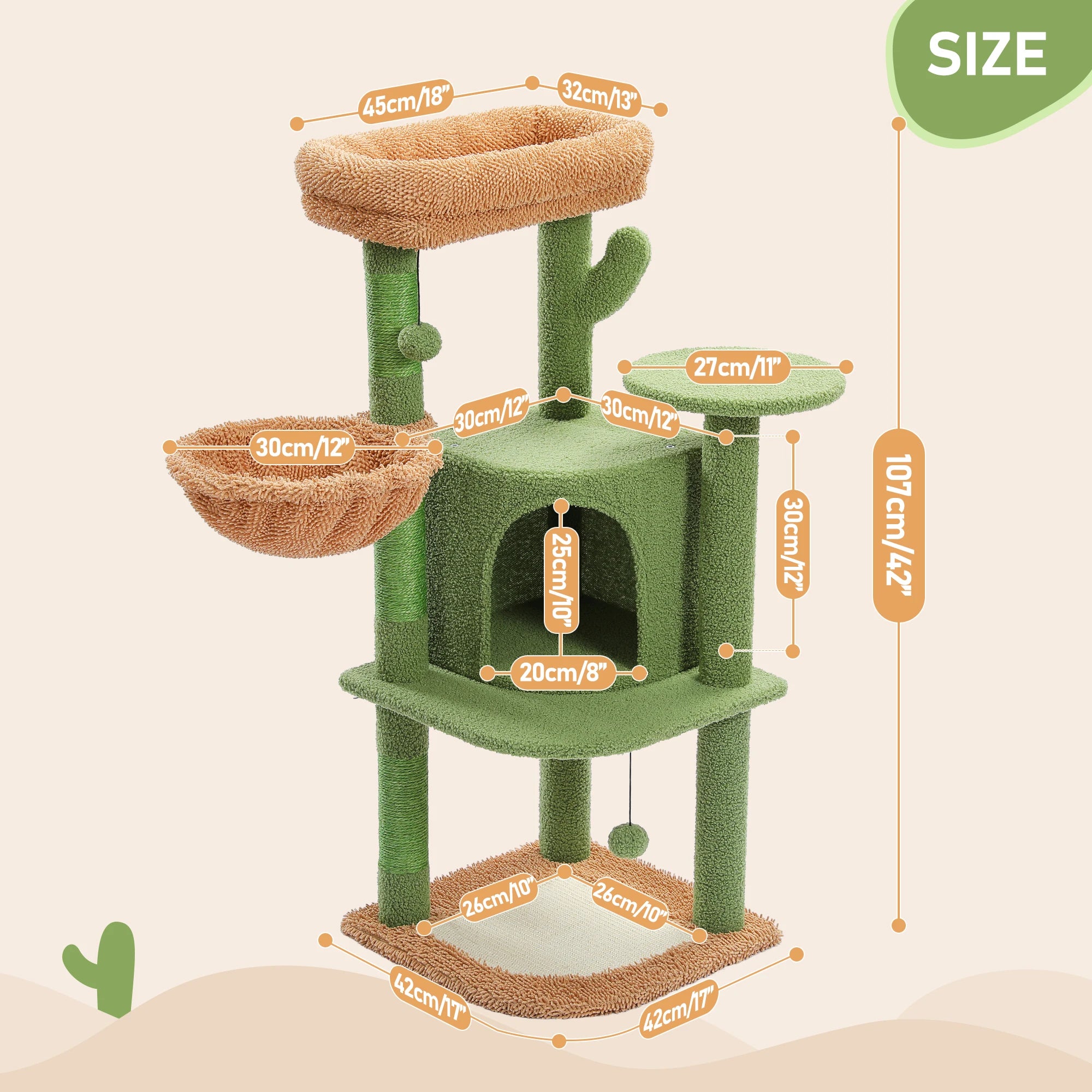 42 inch Cactus Cat Tree Tower with Sisal Posts, Hammock and Large Condo