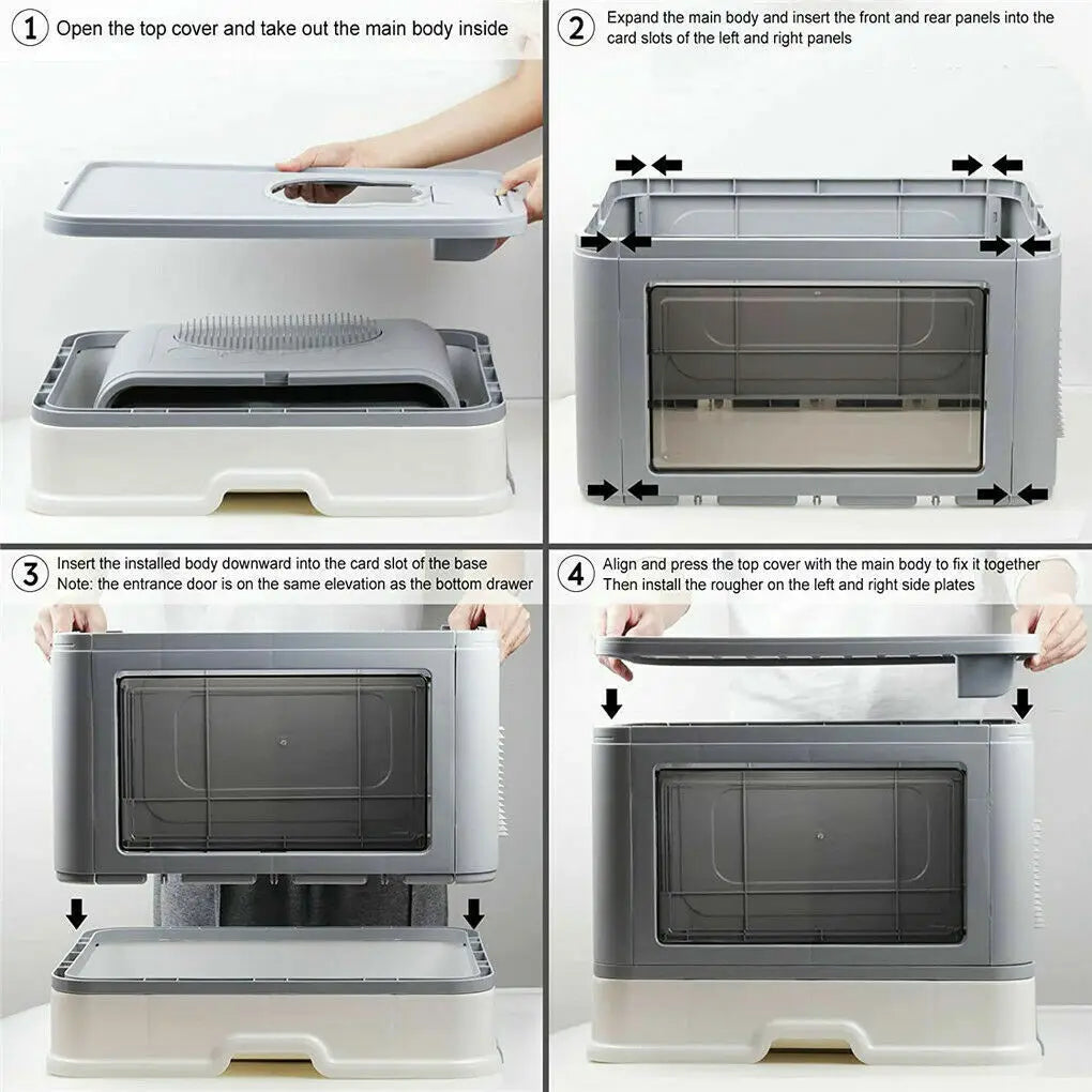 Foldable Cat Litter Box with Front Entry and Top Exit - Includes Massager and Scoop