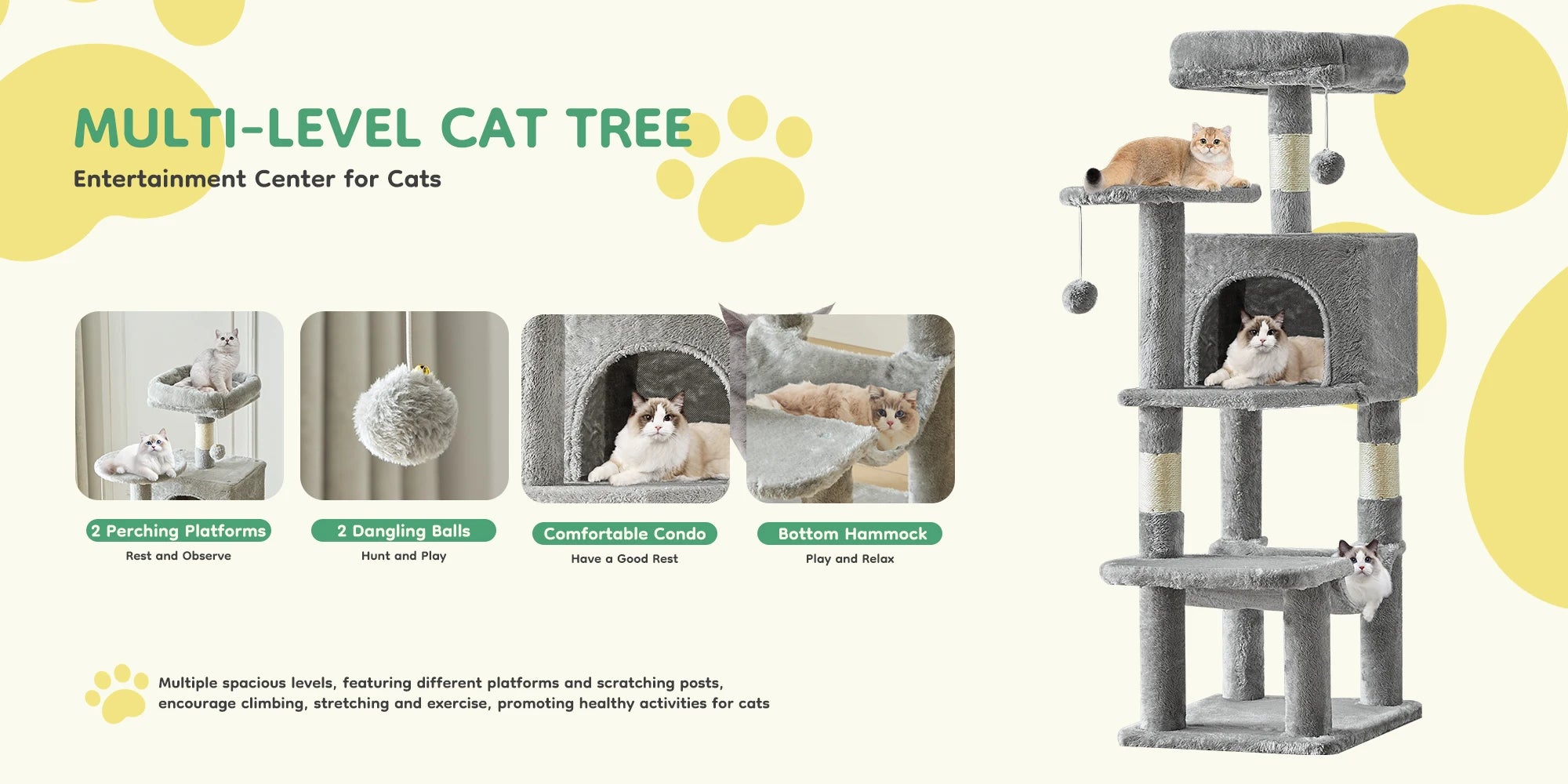 44 inch Multi-Level Cat Tree Tower with Natural Sisal Scratching Posts