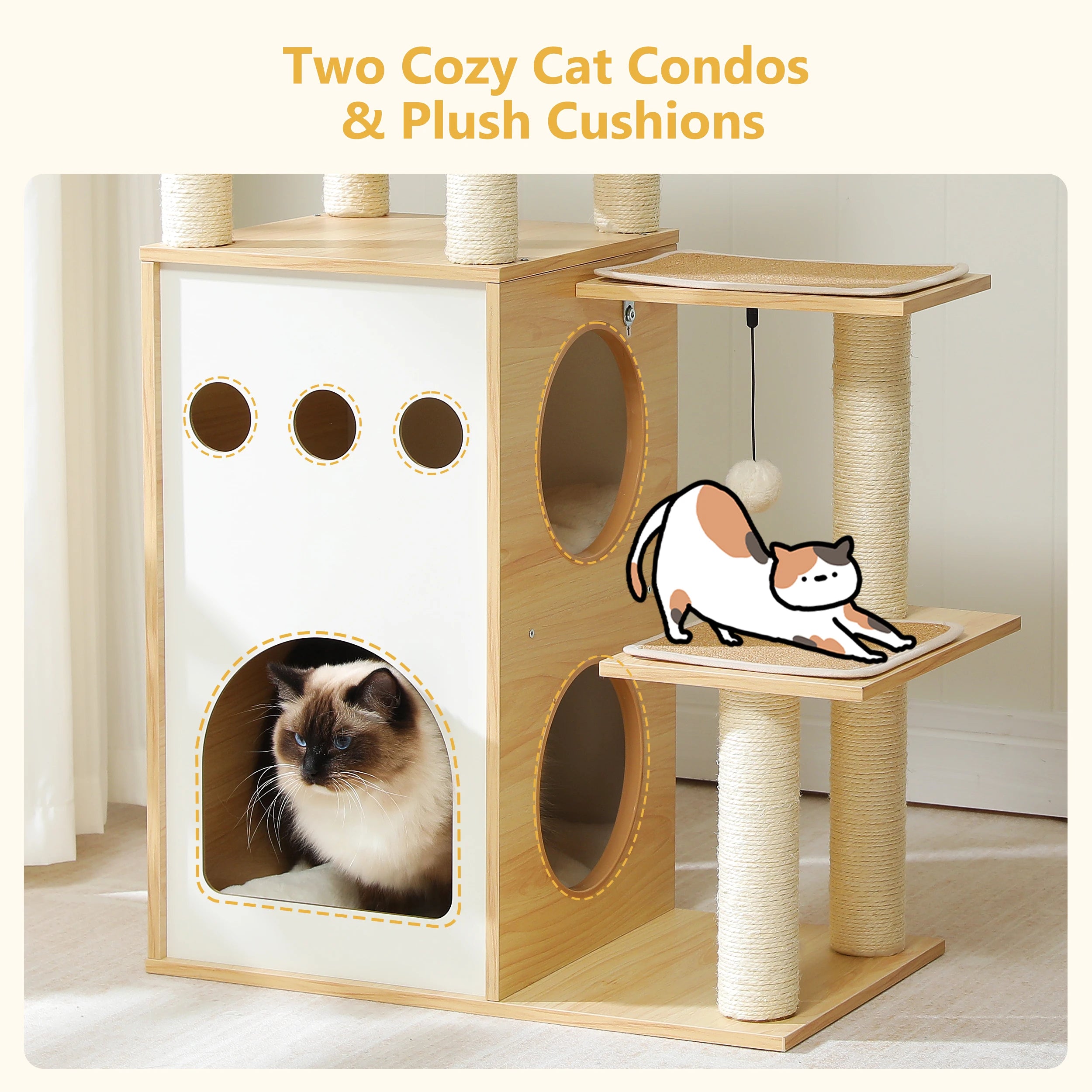 Modern Wooden Cat Tree with Capsule Nest and 2-Floor Condo
