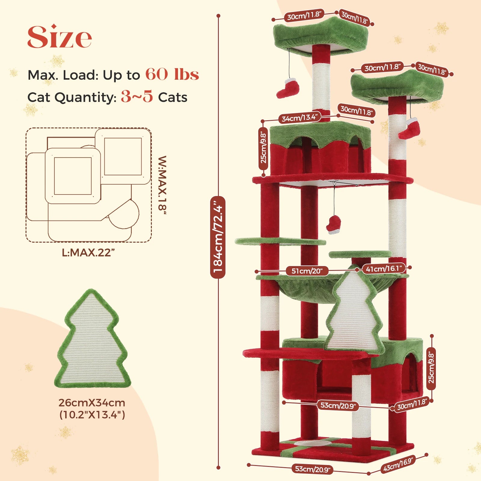 72 inch Christmas Cat Tree Tower - Large Multi-Level Condo with Sisal Posts