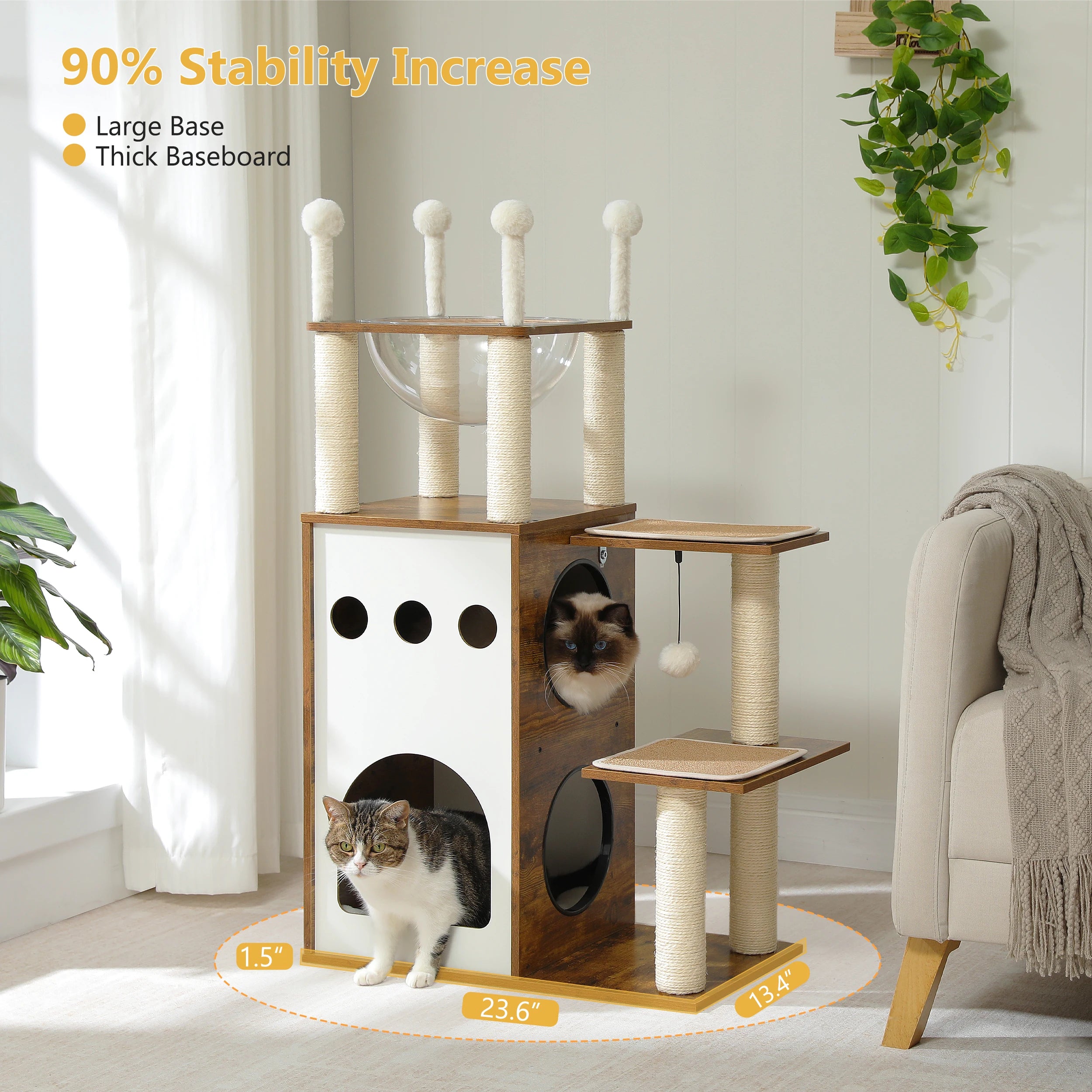 Modern Wooden Cat Tree with Capsule Nest and 2-Floor Condo