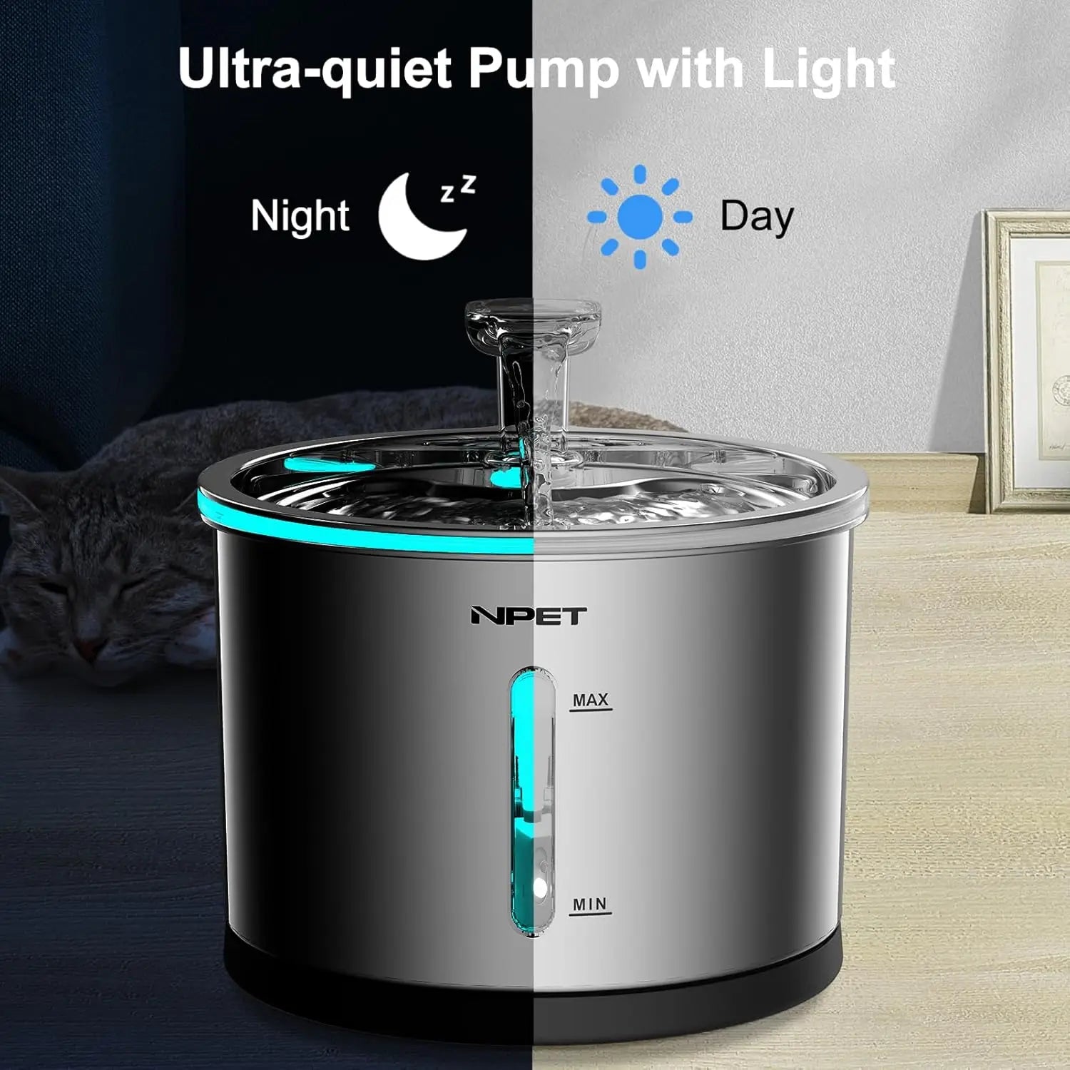 Stainless Steel Cat Water Fountain - 1.5L with LED Window and Dishwasher Safe Design