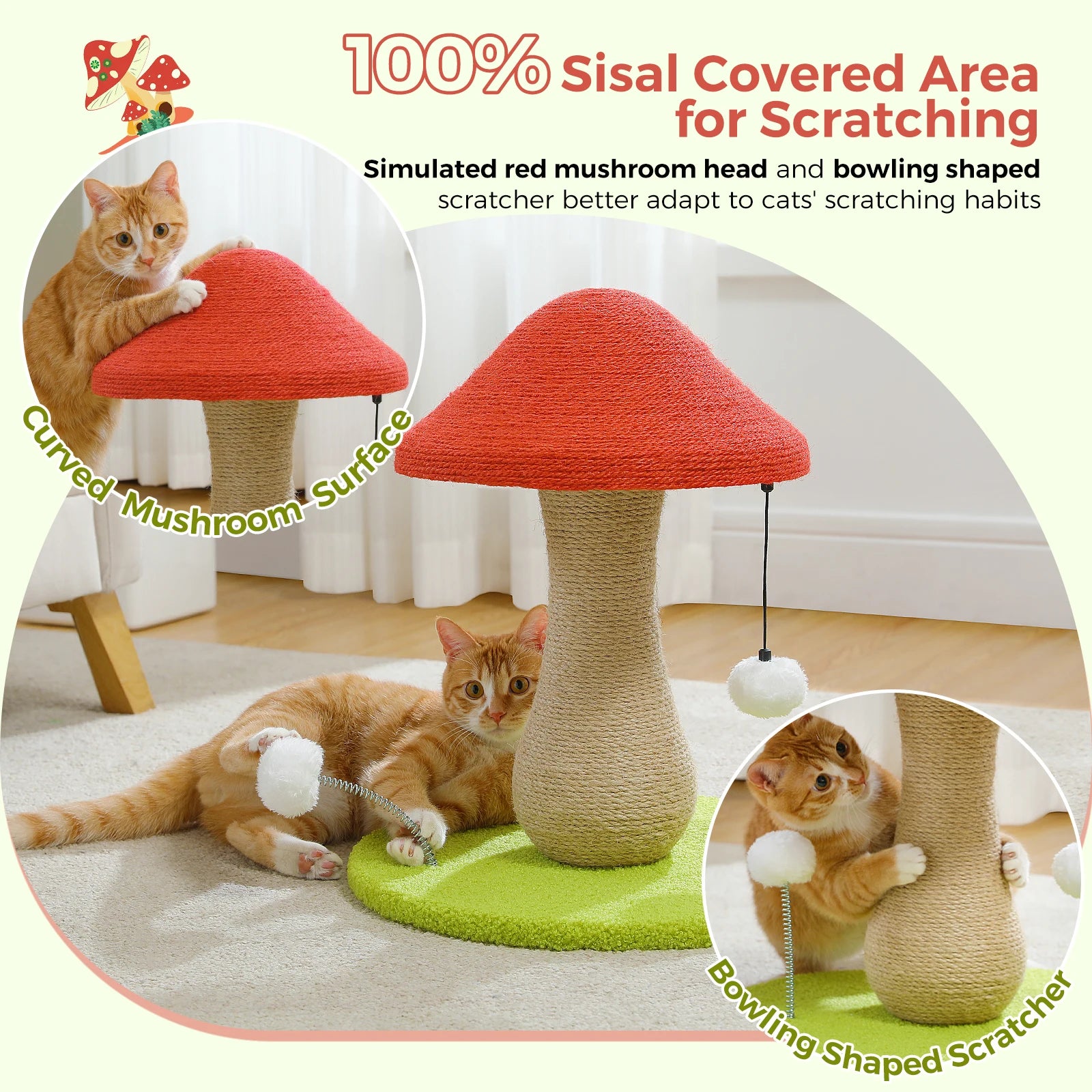 Mushroom Cat Scratching Post with Sisal and Pompom Toys