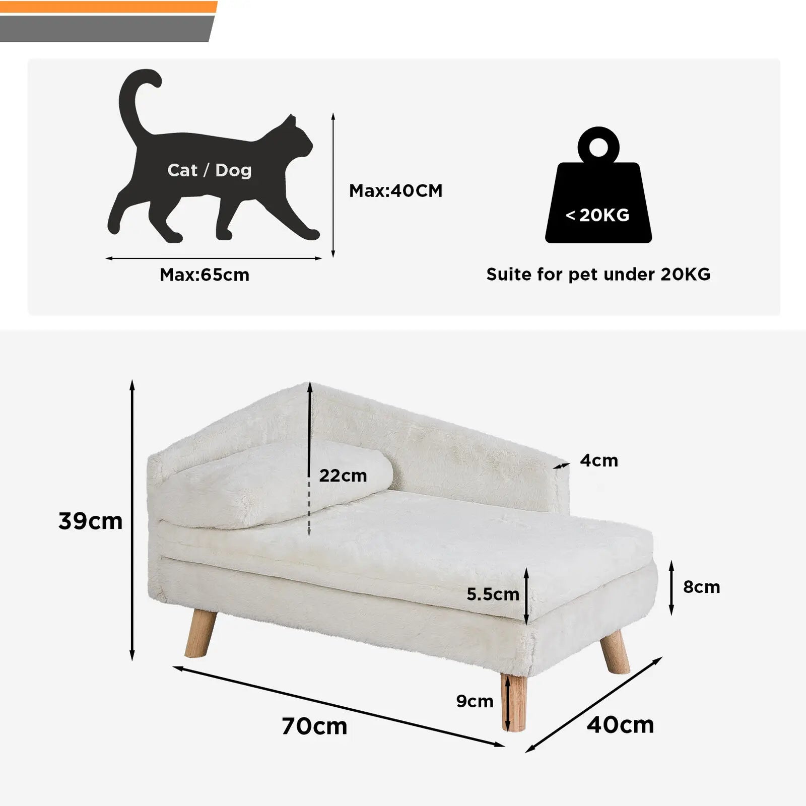 Elevated L-Shape Pet Sofa with Solid Wood Legs - Plush Cushion Bed for Cats and Small Dogs