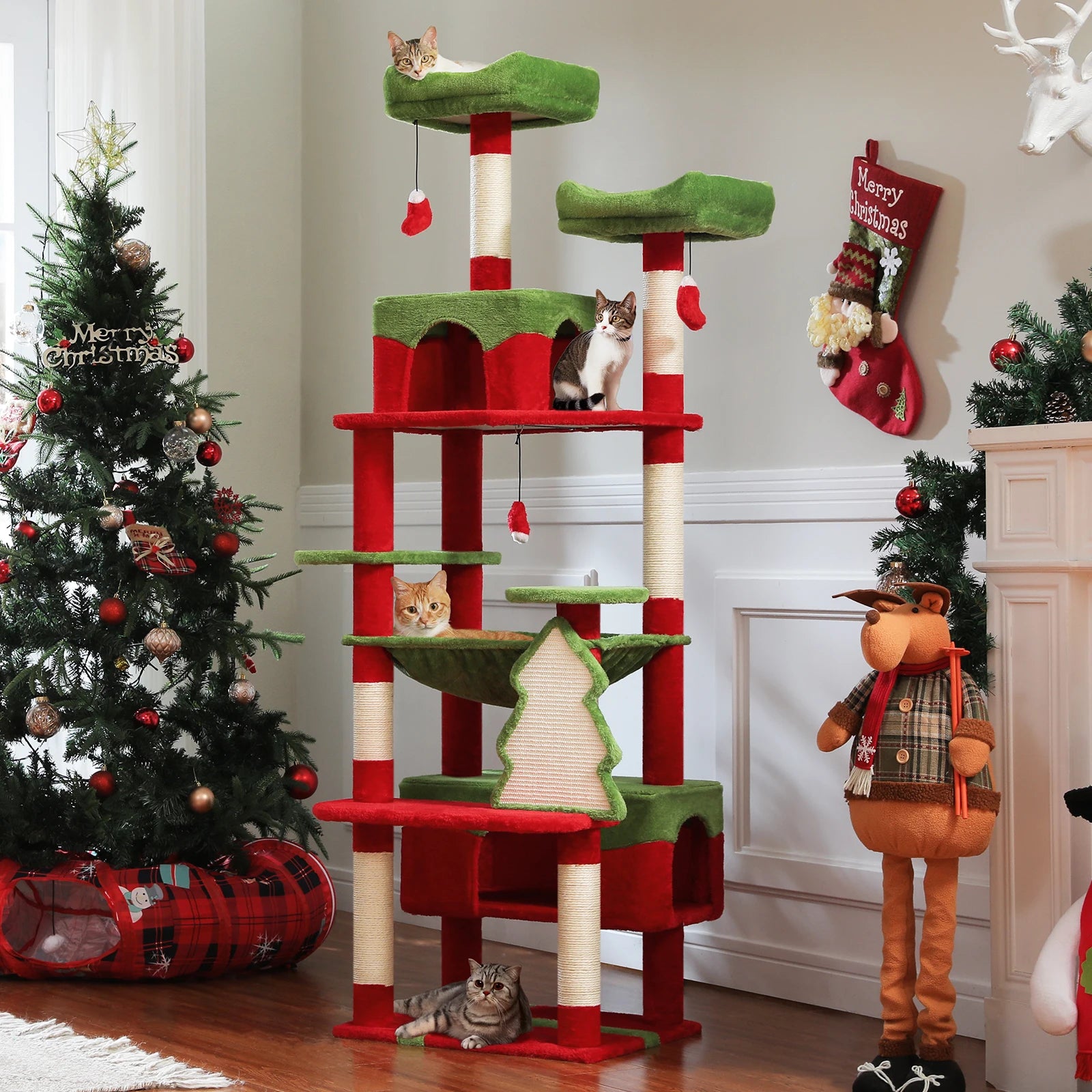 72 inch Christmas Cat Tree Tower - Large Multi-Level Condo with Sisal Posts