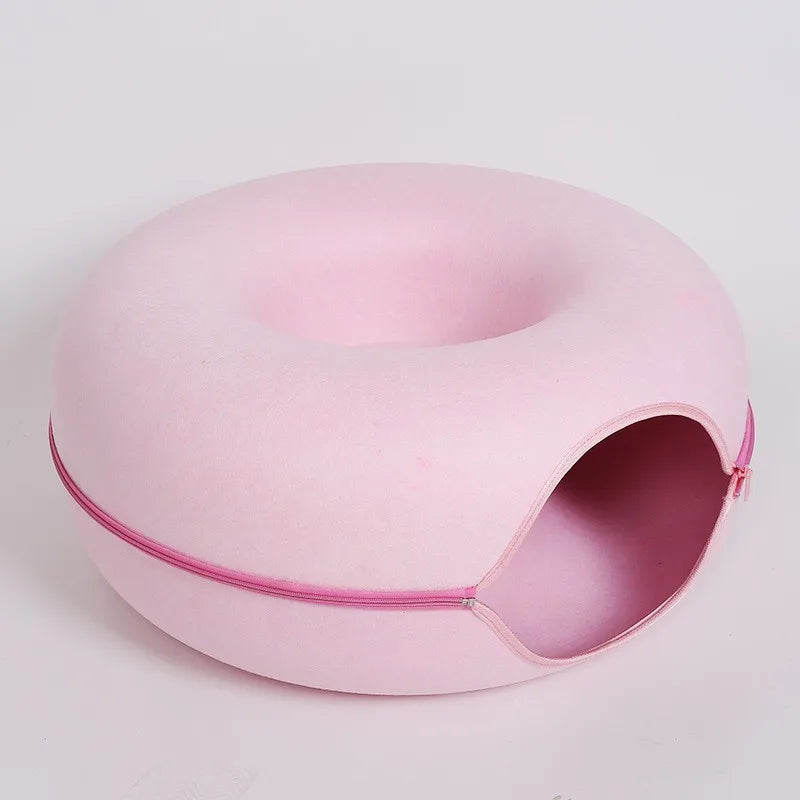 Donut Cat Bed with Interactive Tunnel - Felt Play and Sleep Hideaway