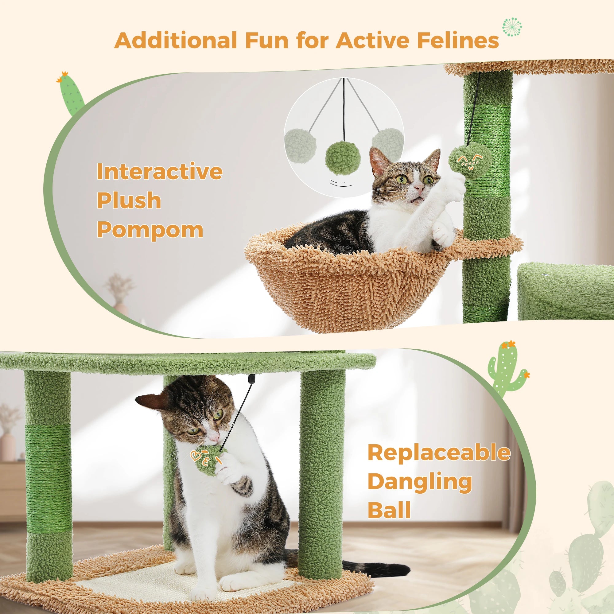 42 inch Cactus Cat Tree Tower with Sisal Posts, Hammock and Large Condo