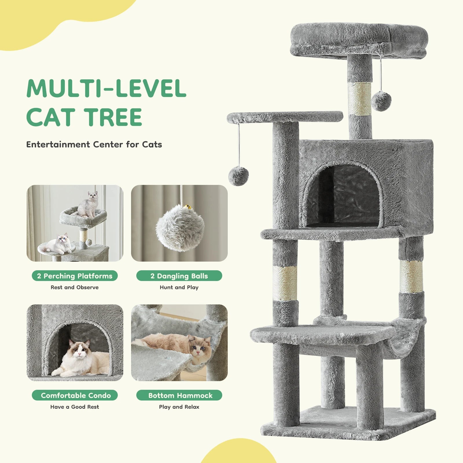 44 inch Multi-Level Cat Tree Tower with Natural Sisal Scratching Posts
